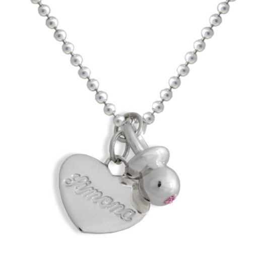 Collana ciondolo ciuccio con tormalina rosa e cuore personalizzato