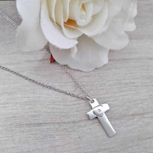 Collana in argento con croce pendente e diamante - immagine 2