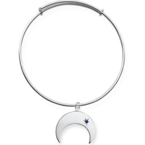 Braccialetto cerchio rigido in argento 925 con ciondolo mezzaluna e zircone blu