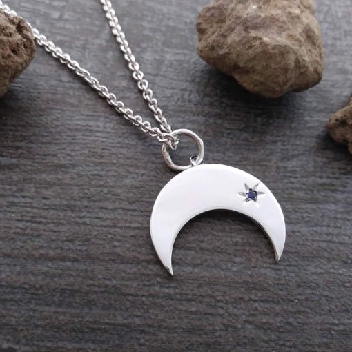Collana con ciondolo mezzaluna in argento 925 e zircone blu - immagine 2