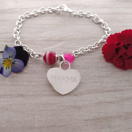 Braccialetto in argento con cuore inciso, impreziosito da agata rosa - immagine 2