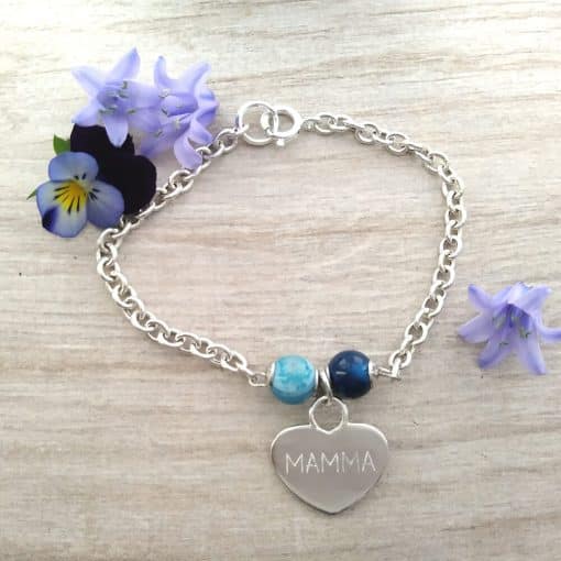 Braccialetto in argento con cuore inciso, impreziosito da agata blu - immagine 2