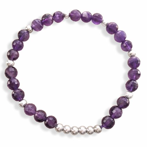 Braccialetto elastico con ametiste sfaccettate e sfere in argento