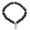 Braccialetto elastico con cristallo nero sfaccetto e iniziale in argento 925