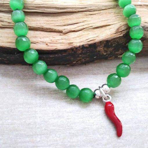 Braccialetto elastico con occhi di gatto sfaccettato e cornetto portafortuna in argento 925 - immagine 2