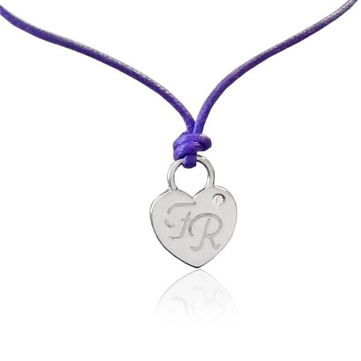 Ciondolo cuore in argento con iniziali incise e diamante