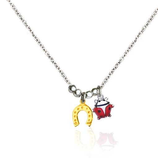 Collana in argento con ciondolo coccinella e ferro di cavallo dorato