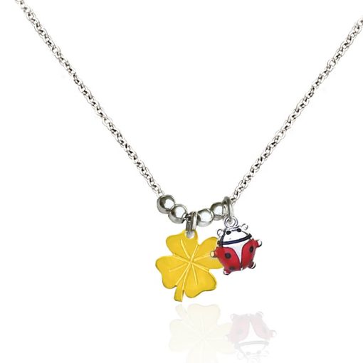 Collana in argento con ciondolo coccinella e quadrifoglio dorato