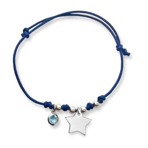 Braccialetto in cordino cerato con pendente forma di stellina e cristallo azzurro