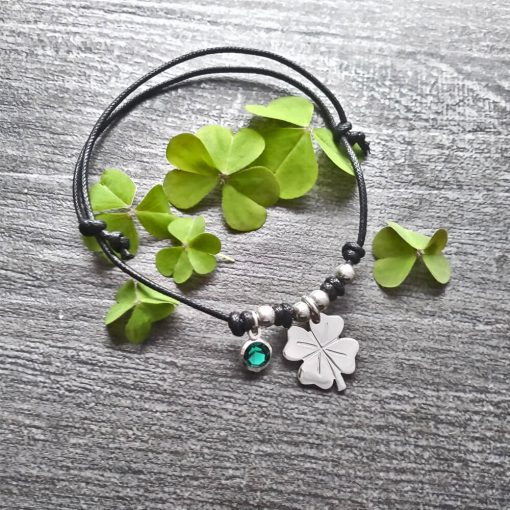 Braccialetto in cordino cerato con quadrifoglio e cristallo verde smeraldo - immagine 2
