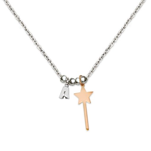 Collana in argento 925 con ciondolo bacchetta magica e lettera
