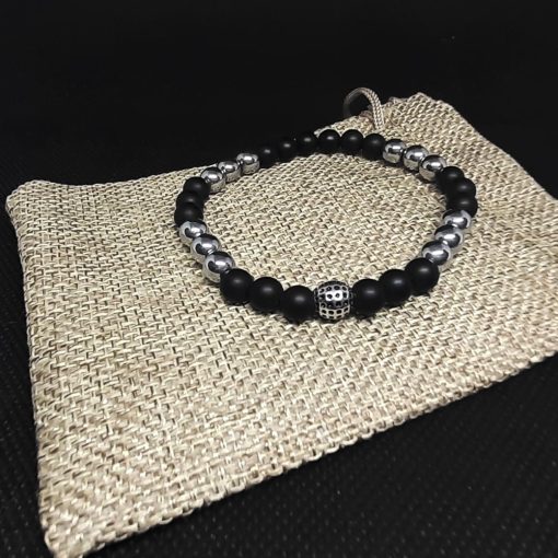 Bracciale elastico con agata nera, ematite e argento 925