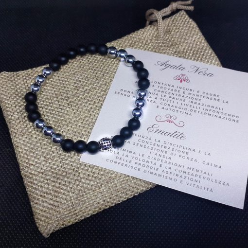 Bracciale elastico con agata nera, ematite e argento 925