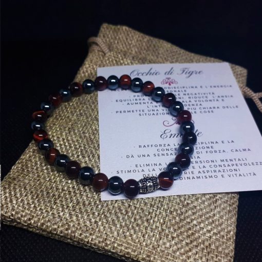 Bracciale elastico con occhio di tigre, ematite e argento 925