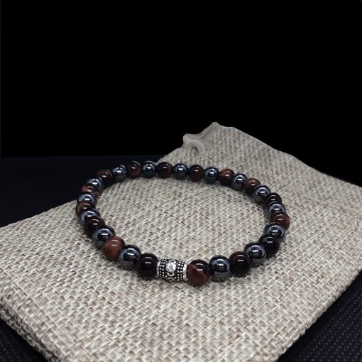 Bracciale elastico con occhio di tigre, ematite e argento 925