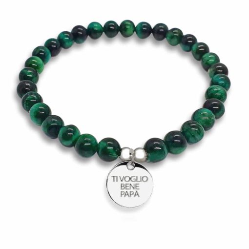 Bracciale Ti voglio bene papà in argento e occhio di tigre verde