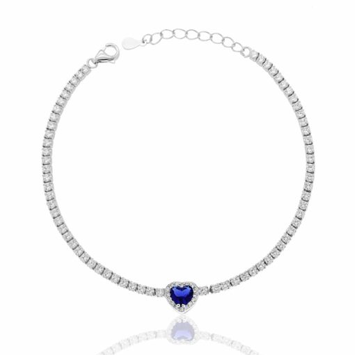 Bracciale Tennis in argento 925 con cuore blu zaffiro