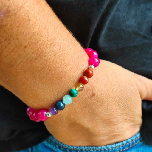 Bracciale Chakra con agata fucsia e 7 pietre naturali