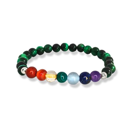 Bracciale Chakra con occhio di tigre verde e 7 pietre naturali