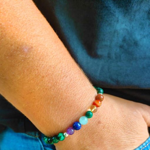 Bracciale Chakra con occhio di tigre verde e 7 pietre naturali