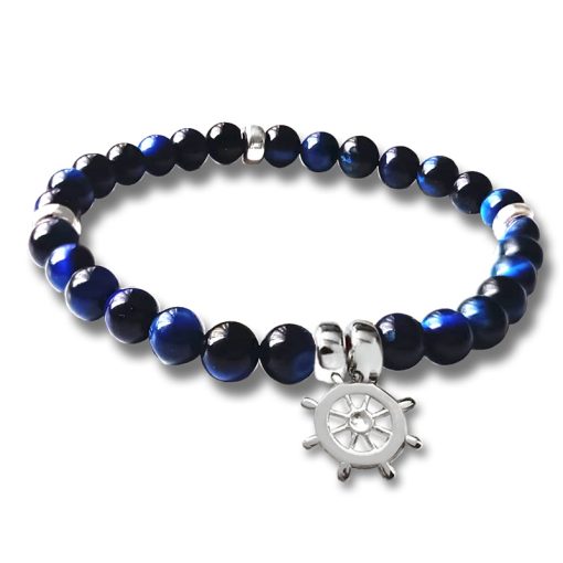 Bracciale in occhio di tigre blu con ciondolo timone