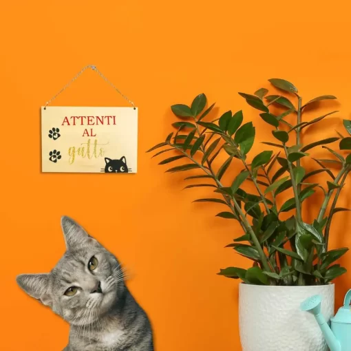 Targhetta in legno Attenti al Gatto